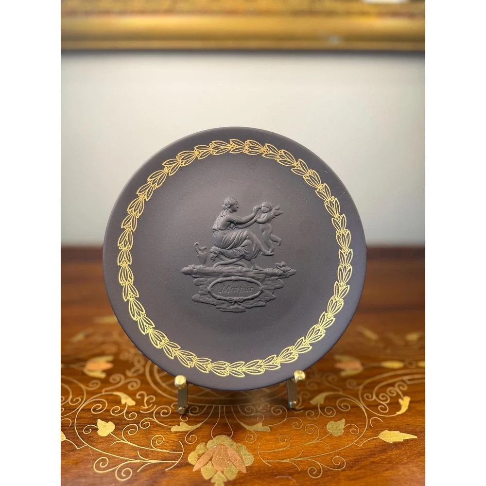 Vintage Wedgwood Mother Plate • Black Basalt Jasperware Gold Relief